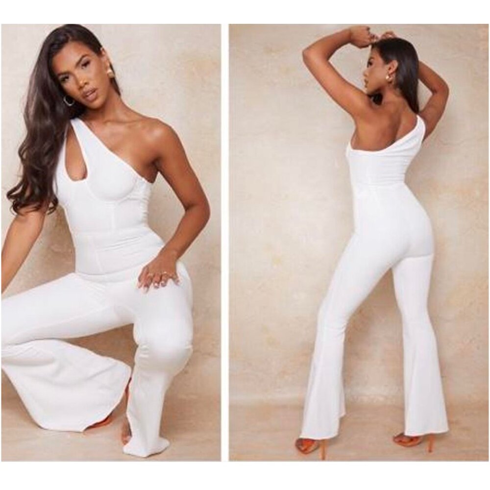 PrettyLittleThing | One Shoulder Cut Out Flare Leg White Jumpsuit | Size 2